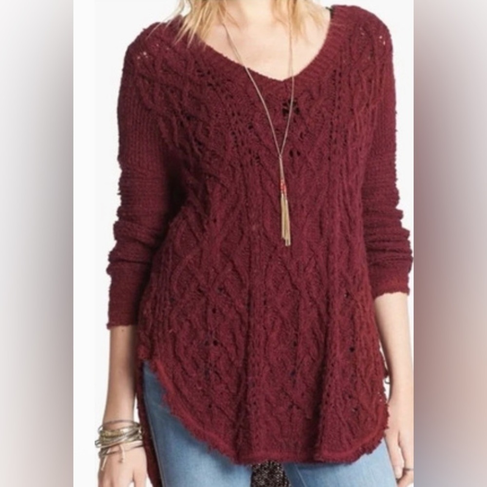 Free People Burgundy Cross My Heart Cotton V-Neck Sweater - Size M